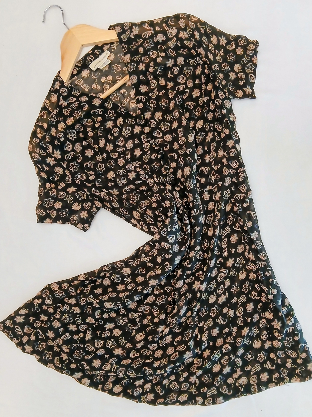 Vintage 90s Banana Republic Novelty Print Mini Dress Black Taupe Chiffon V-Neck